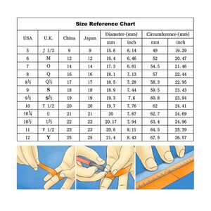 May include: A size reference chart for rings, showing the corresponding US, UK, China, and Japan ring sizes, along with the diameter and circumference in millimetres and inches.