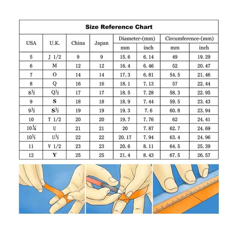 May include: A size reference chart for rings, showing the corresponding US, UK, China, and Japan ring sizes, along with the diameter and circumference in millimetres and inches.