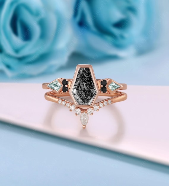 Vintage Coffin Cut Rutilated Quartz Engagement Ring Set Rose Gold