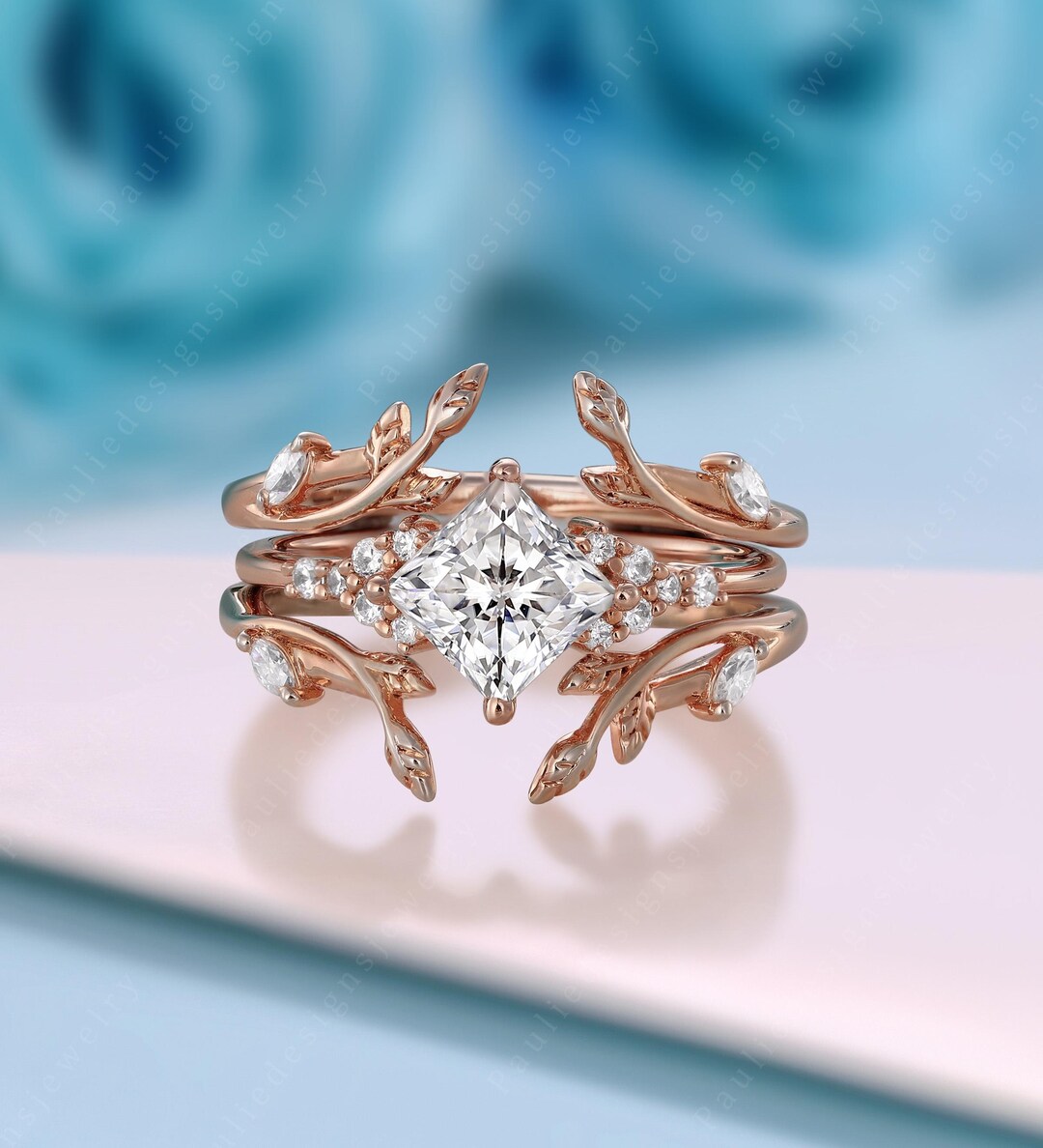 Princess Cut Lab Diamond Engagement Ring Set Nature Inspired Twig Leaf ...