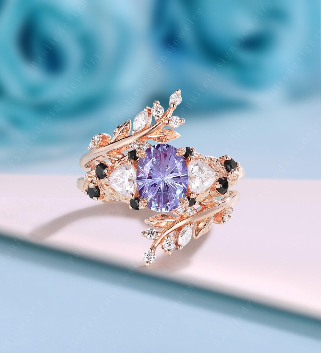 Vintage Firework Oval Cut Alexandrite Engagement Ring Set Rose Gold ...