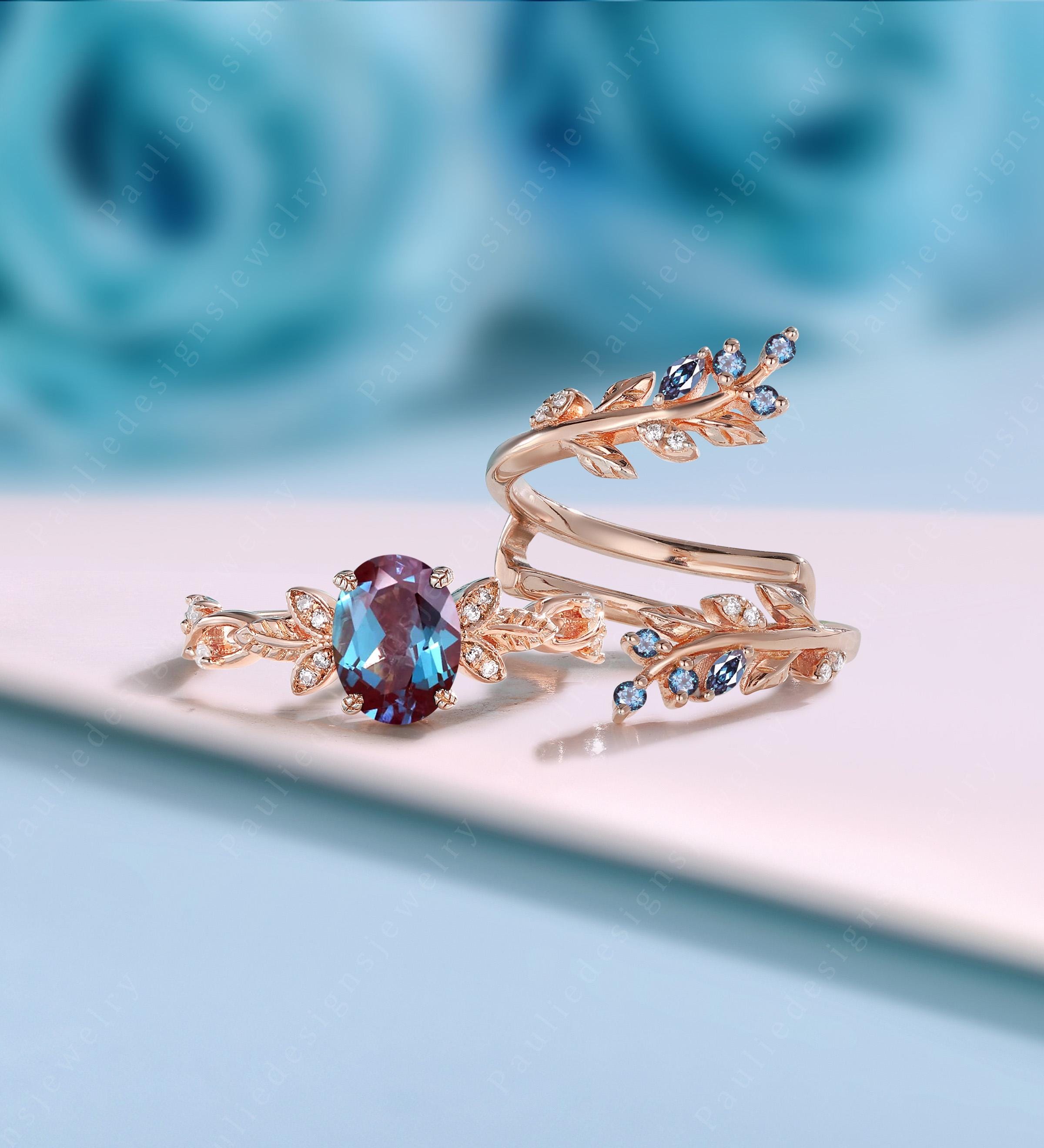 Oval Alexandrite Bridal Set Rose Gold Engagement Ring Set Art Deco