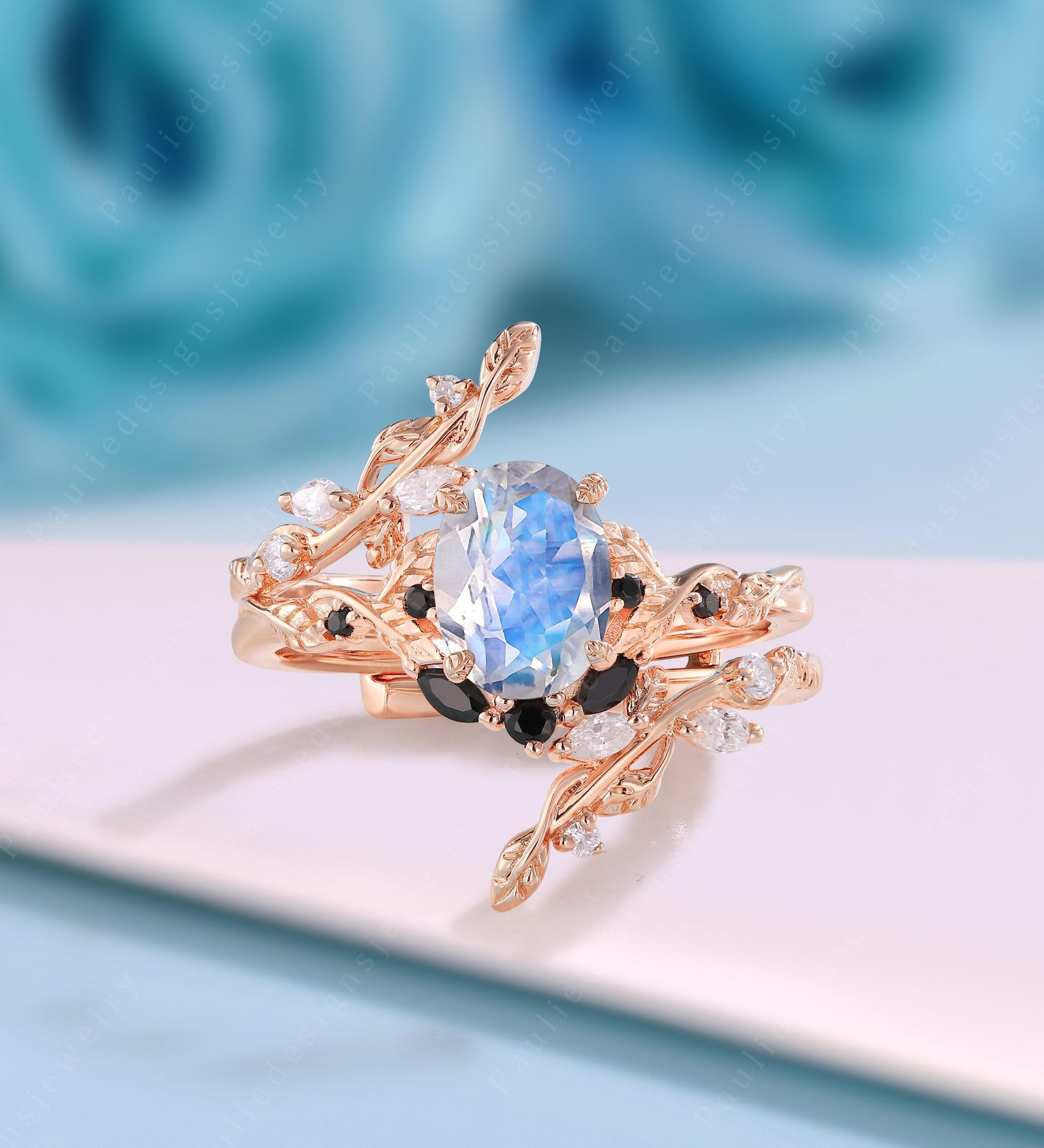 Vintage Oval Moonstone Engagement Ring Set 14k Rose Gold Milgrain Black Oyxn Bridal Set Unique Twig Leaf Enhancer Band Christmas Gifts