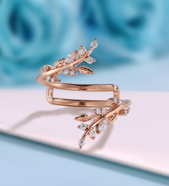 Unique Leaf Floral Moissanite Wedding Ring, Vintage Rose Gold Double Curved Enhancer Ring, 14k Leaf Cluster Promise Ring, Anniversary Gift