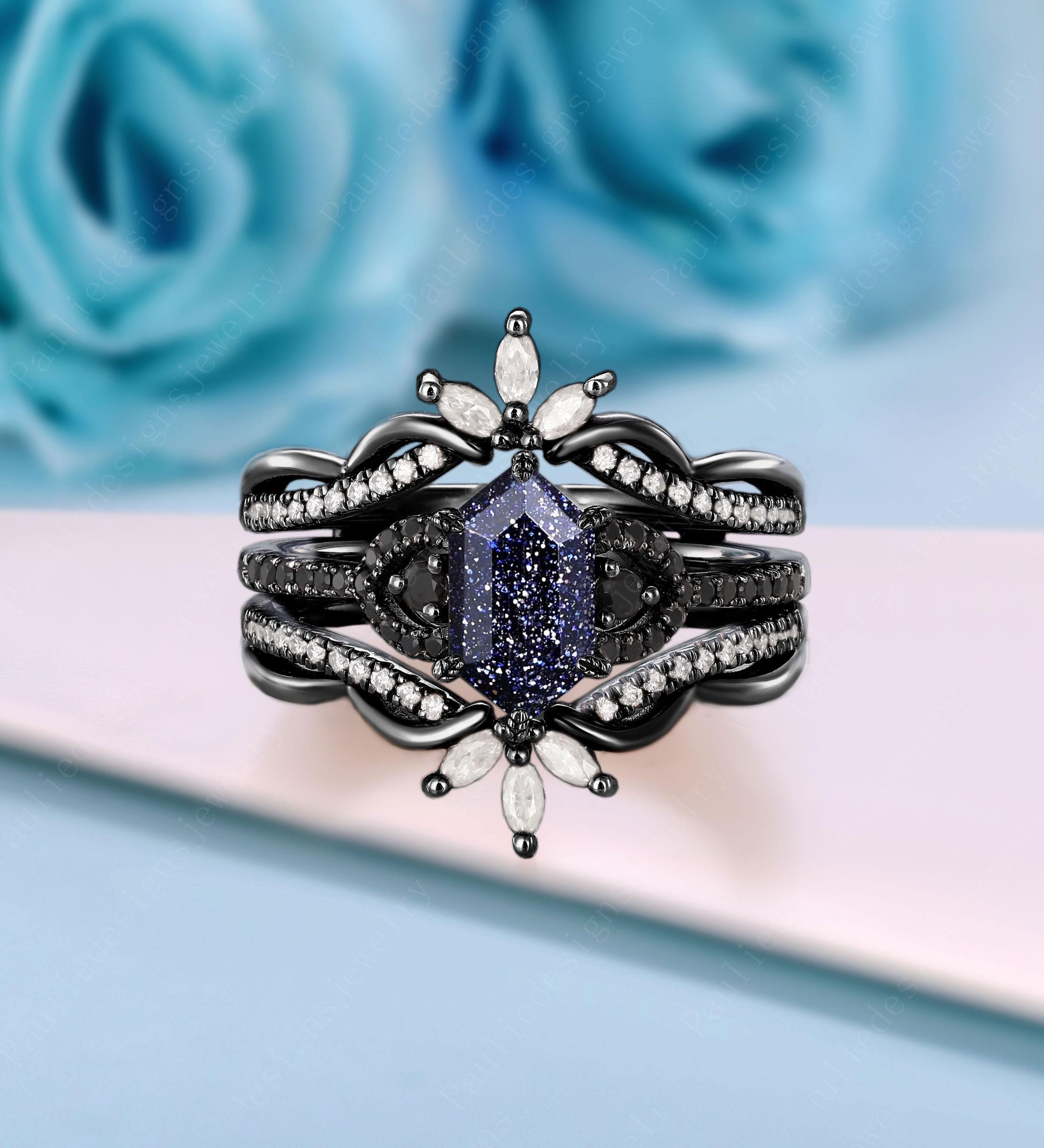 Galaxy Nebula Hexagon Blue Sandstone Engagement Ring Set Black