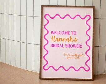 Retro Wavy Bridal Shower Sign Template | Customizable Pink & Orange (PDF)