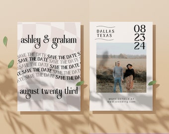 Retro Checkered Save the Date Template | Wavy Font (Canva)