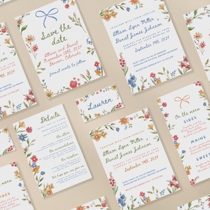 6 plantillas de boda coloridas con acuarela: invitaciones, tarjetas de detalles, menús, tarjetas de lugar, guardar la fecha, fuentes escritas a mano y moños
