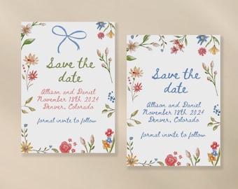 Colorful Save the Date Template | Watercolor Save the Date | Handwritten Font | Trendy Save the Date| Funky | Floral | Bow