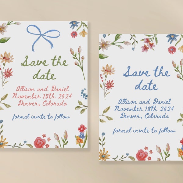 Colorful Save the Date Template | Watercolor Save the Date | Handwritten Font | Trendy Save the Date| Funky | Floral | Bow