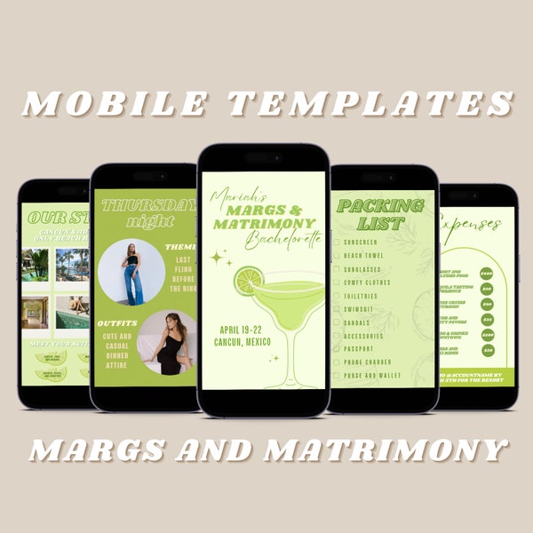 Bachelorette Itinerary Template | Margs and Matrimony Bachelorette | Canva Bachelorette Template Download | Green Bachelorette Theme Ideas