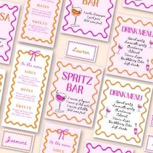 Gewelltes Menü-Vorlagen-Bundle | Handgezeichnetes Menü | Wellenförmige Brautparty | Gewellte Tischkarte | Hochzeits-Menü Aquarell | Spritz Bar | Zeichen trinken