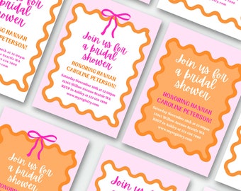 Wavy Bridal Shower Invite | Pink, Orange, and Bow (Canva Template)