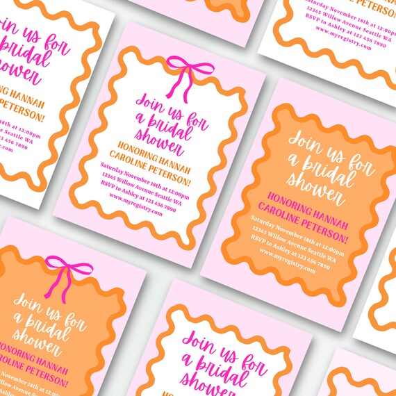 Wavy Bridal Shower Invite | Pink, Orange, and Bow (Canva Template)