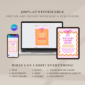 May include: A customizable bridal shower invitation template with a pink and orange color scheme. The text reads "Join us for a bridal shower" and includes the bride's name, date, time, and location. The template is editable on any device with just a few clicks.