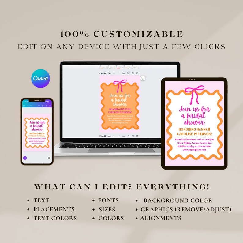 May include: A customizable bridal shower invitation template with a pink and orange color scheme. The text reads "Join us for a bridal shower" and includes the bride's name, date, time, and location. The template is editable on any device with just a few clicks.
