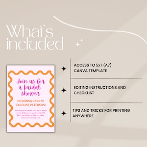 May include: A pink and orange printable bridal shower invitation template with the text "Join us for a bridal shower" and "Honoring Hannah Caroline Peterson!"  The invitation includes the date, time, address, RSVP information, and a website address.  The template is available in a 5x7 (A7) Canva format.  The listing also includes editing instructions and a checklist, as well as tips and tricks for printing anywhere.
