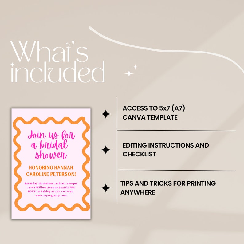 May include: A pink and orange printable bridal shower invitation template with the text "Join us for a bridal shower" and "Honoring Hannah Caroline Peterson!"  The invitation includes the date, time, address, RSVP information, and a website address.  The template is available in a 5x7 (A7) Canva format.  The listing also includes editing instructions and a checklist, as well as tips and tricks for printing anywhere.