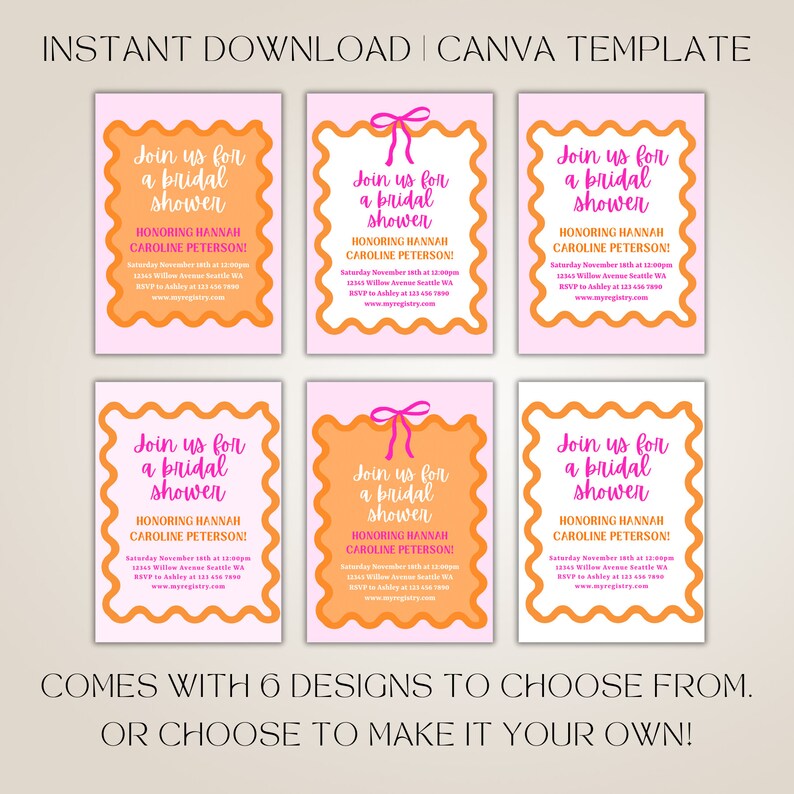 May include: Six printable bridal shower invitation designs in orange and pink with a wavy border and a pink bow. The text reads "Join us for a bridal shower" and includes the bride's name, date, time, location, and RSVP information.