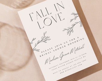 Fall In Love Bridal Shower Invitation | Modern Leaves Template (Canva Digital Download)