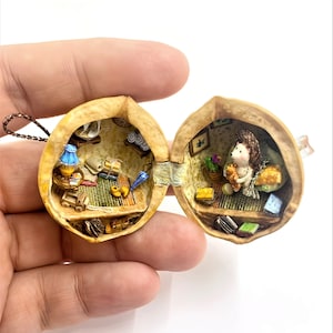 OOAK Walnut Miniature,Miniature  nut &quot;hedgehog woke up!&quot; Microminiature, unique work, in a single copy. Sweet house!