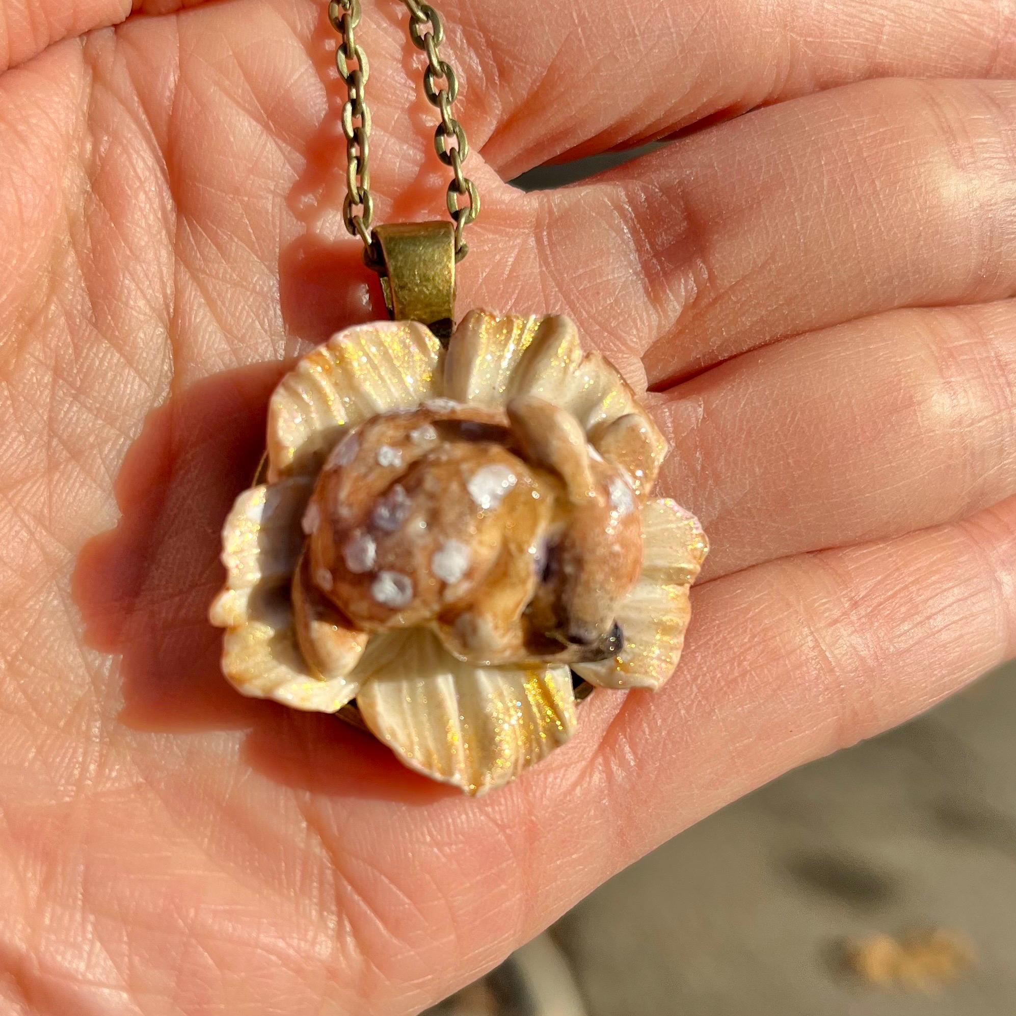 Baby Deer Fawn Pendant Necklace | Handmade Hand-Painted | Cute Woodland Animal Flower Charm | Art Sculpture Jewelry | Antique Brass | 20inch