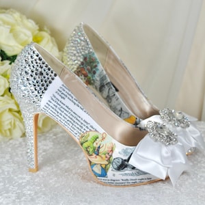 Alice in Wonderland Bridal Shoes: Swarovski Crystal Heel, White Satin Bow