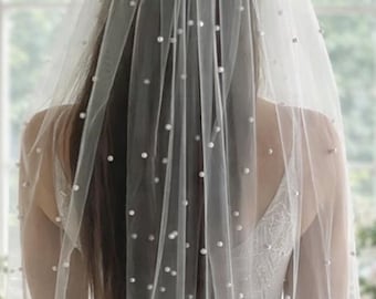 velo de novia de perlas, velo de perlas color marfil para boda, velo nupcial de perlas, velo blanco hasta la punta de los dedos, velo de capilla color marfil, velos de novia largos