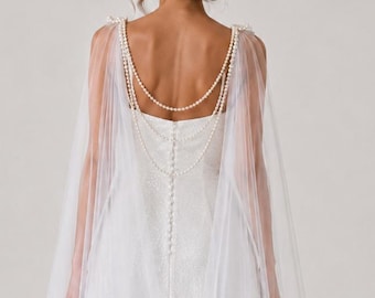 Wedding Cape - Bridal Drape Cape Veil, Pearl Details