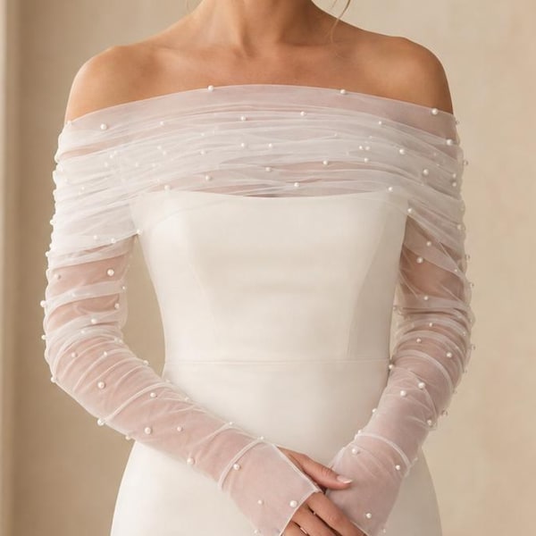 Pearl Tulle Bolero and Glove Set: Wedding Dress Topper