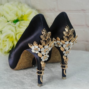 Navy Satin Bridal Heels: Cherry Blossom & Gold Glitter Shoes (UK6/US8.5)