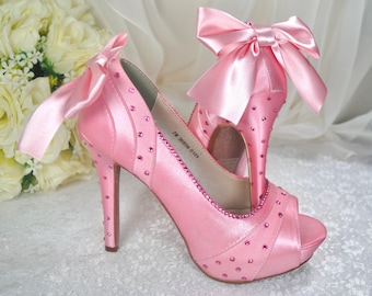 Pink Satin Wedding Shoes: Swarovski Crystal Bridal Heels (UK4/US6.5)