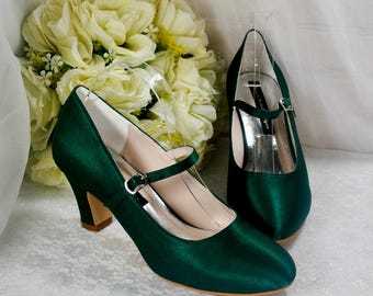 Emerald Green Satin Bridal Shoes: Handmade Block Heel Mary Janes UK5/US7.5