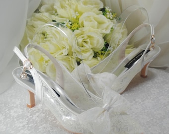 Handmade Ivory Lace Bow Wedding Shoes: Low Kitten Heel Slingbacks
