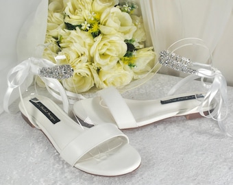 Ivory Bridal Sandals: Handmade Rhinestone Ankle Strap Flats (US10.5)