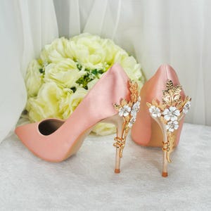 Handmade Blush Pink Bridal Pumps: Gold Cherry Blossom Heel (UK4/US6.5)