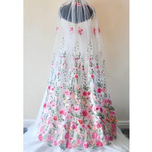 Bright Rose Embroidered Bridal Veil, Soft Tulle Wedding Veil with Floral Embroidery and Comb