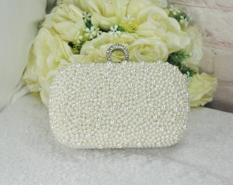 Handmade Ivory Pearl Clutch Bag: Silver Hardware Wedding Purse