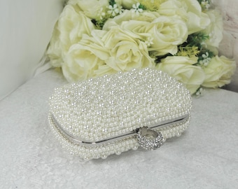 Handmade Ivory Pearl Clutch Bag: Silver Hardware Wedding Purse