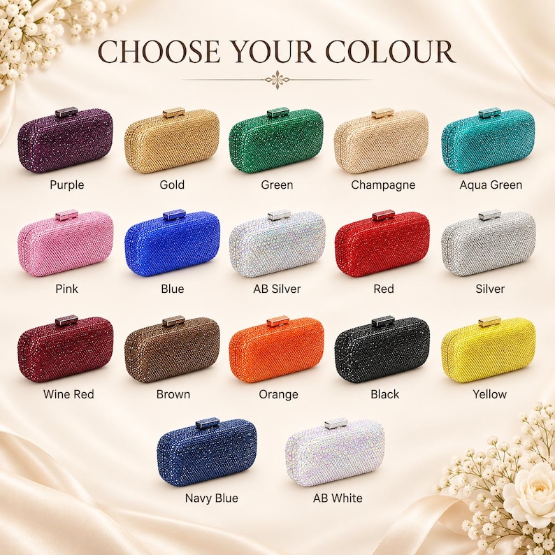 Puede incluir: Una colecci&oacute;n de diecisiete bolsos de mano rectangulares cubiertos de cristales brillantes, cada uno con un peque&ntilde;o cierre met&aacute;lico en la parte superior. Los colores incluyen morado, oro, verde, champ&aacute;n, verde agua, rosa, azul, plata AB, rojo, plata, rojo vino, marr&oacute;n, naranja, negro, amarillo, azul marino y blanco AB, con el texto CHOOSE YOUR COLOUR arriba.