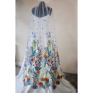 Floral Wedding Veil: Colorful Flower Lace Applique, Embroidered Tulle