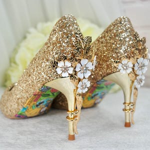 Handmade Gold Glitter Bridal Shoes: Cherry Blossom Heels, Beauty and the Beast Soles (UK4/US6.5)