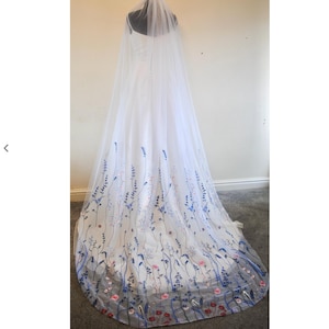 Cathedral Wedding Veil: White Tulle with Blue Embroidered Flowers