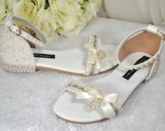 Handmade Ivory Pearl Bridal Sandals: Flat Wedding Shoes (UK6/US8.5)