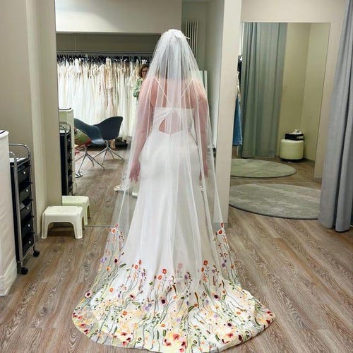 Embroidered Floral Wedding Veil: White or Ivory Tulle  display picture 3