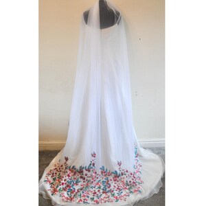 Handmade Floral Embroidered Wedding Veil: White Tulle Bridal Veil