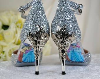 Zapatos de novia plateados con purpurina: Tacones Cenicienta con filigrana de enredadera, talla UK4/US6.5