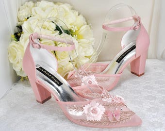 Blush Pink Wedding Sandals: Floral Embroidered Bridal Shoes with Block Heel (UK7/US9.5)