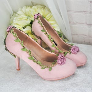Handmade Blush Pink Suede Wedding Shoes: Rose & Vine Details