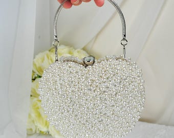 Pearl Heart Shaped Evening Clutch Bag, Wedding Purse, Bride to Be Gift